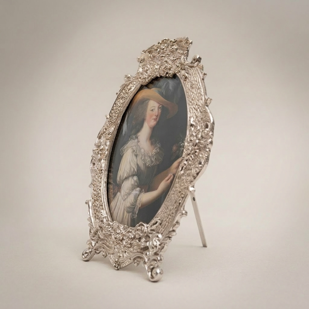 Rococo Oval Brass Photo Frame with Floral Cartouche Crest & Easel Stand — Silver