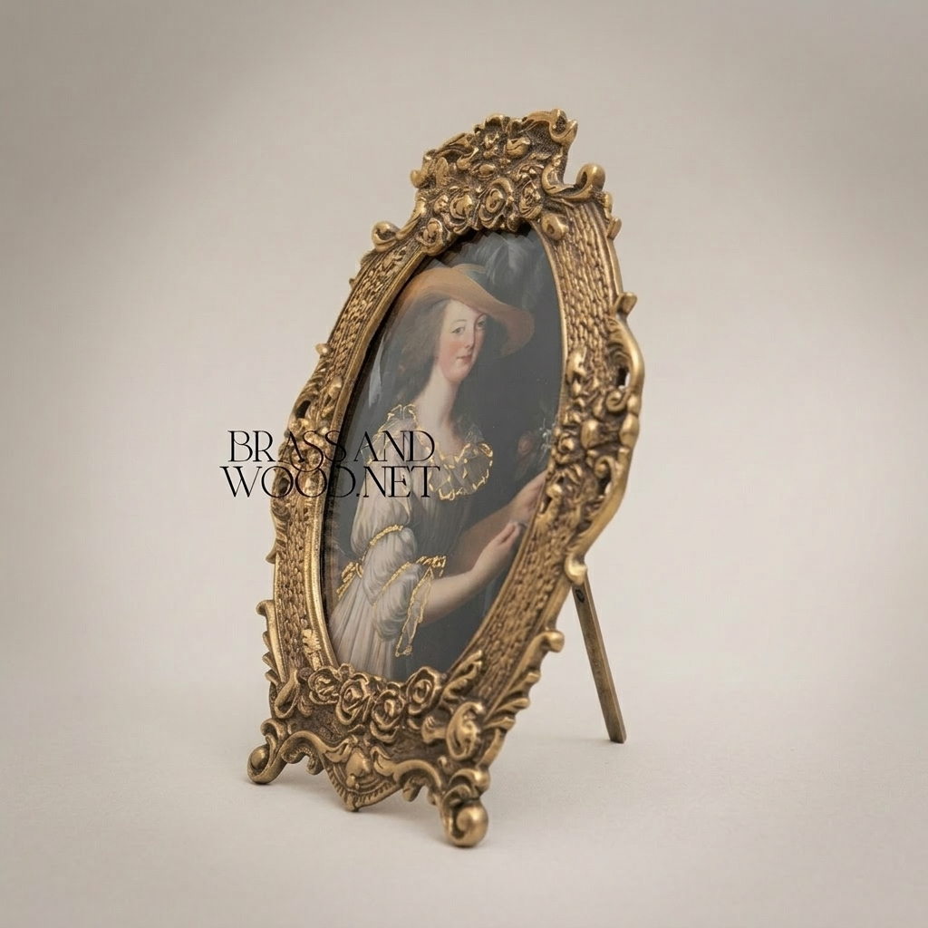 Rococo Oval Brass Photo Frame with Floral Cartouche Crest & Easel Stand — Antique Gold
