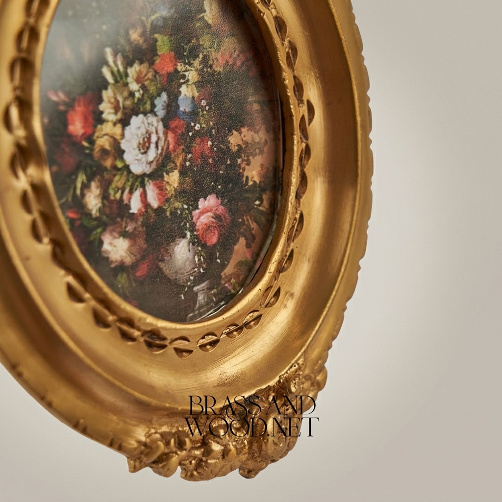 Rococo Oval Brass Photo Frame with Rose & Acanthus Crown Relief — Antique Gold