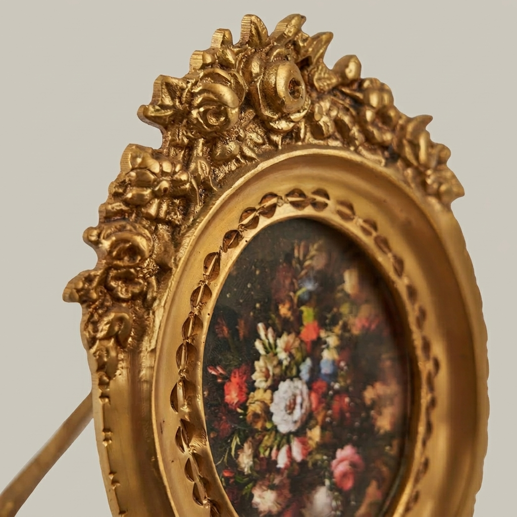 Rococo Oval Brass Photo Frame with Rose & Acanthus Crown Relief — Antique Gold