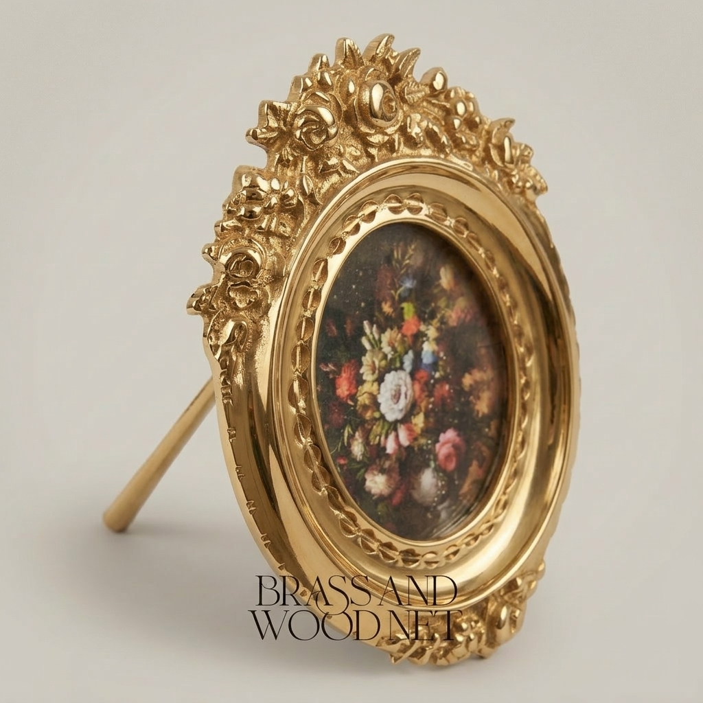 Rococo Oval Brass Photo Frame with Rose & Acanthus Crown Relief — Gold