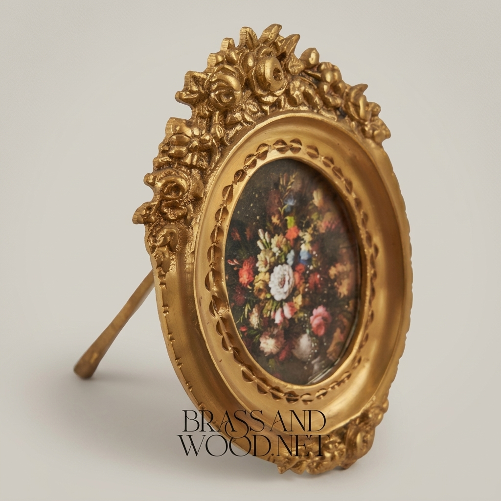 Rococo Oval Brass Photo Frame with Rose & Acanthus Crown Relief — Antique Gold
