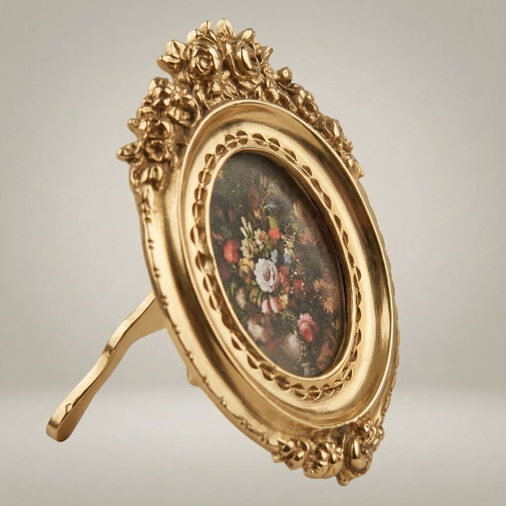 Rococo Oval Brass Photo Frame with Rose & Acanthus Crown Relief — Gold