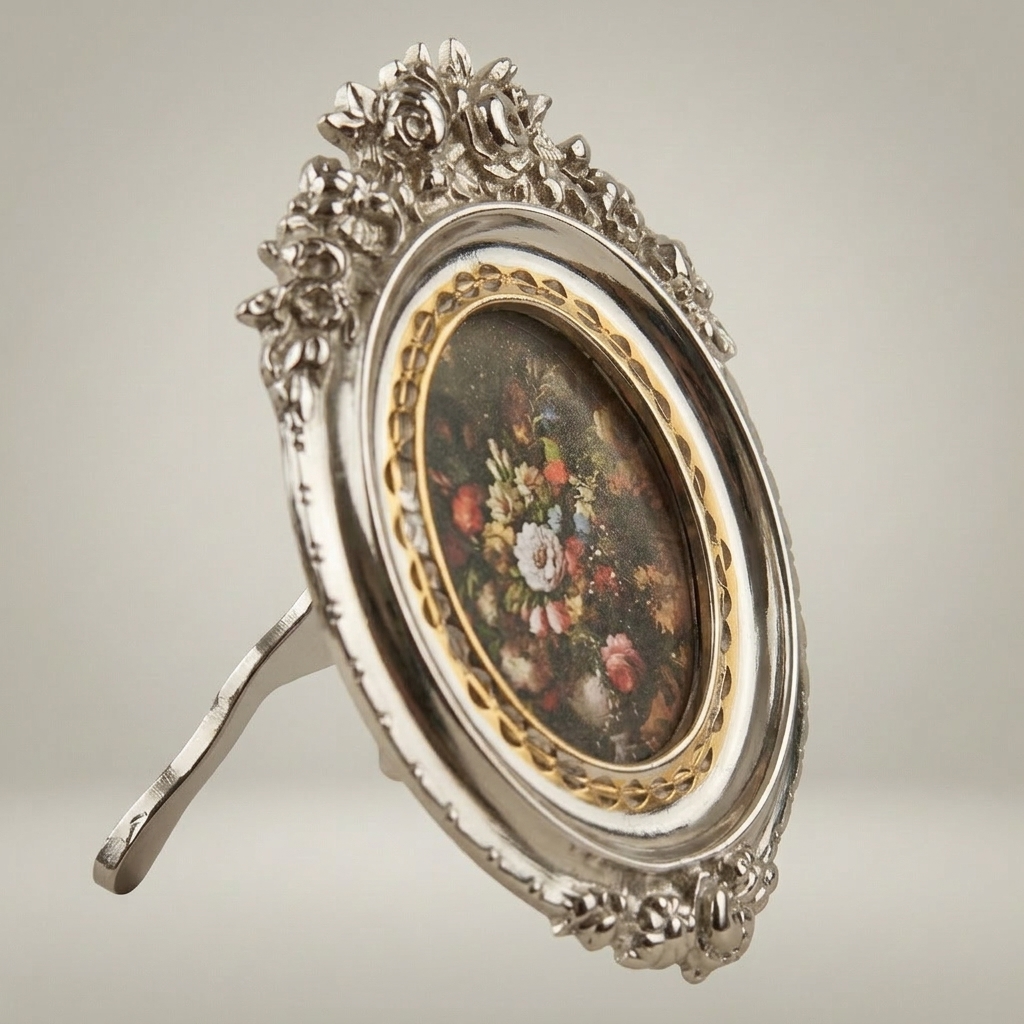 Rococo Oval Brass Photo Frame with Rose & Acanthus Crown Relief — Silver