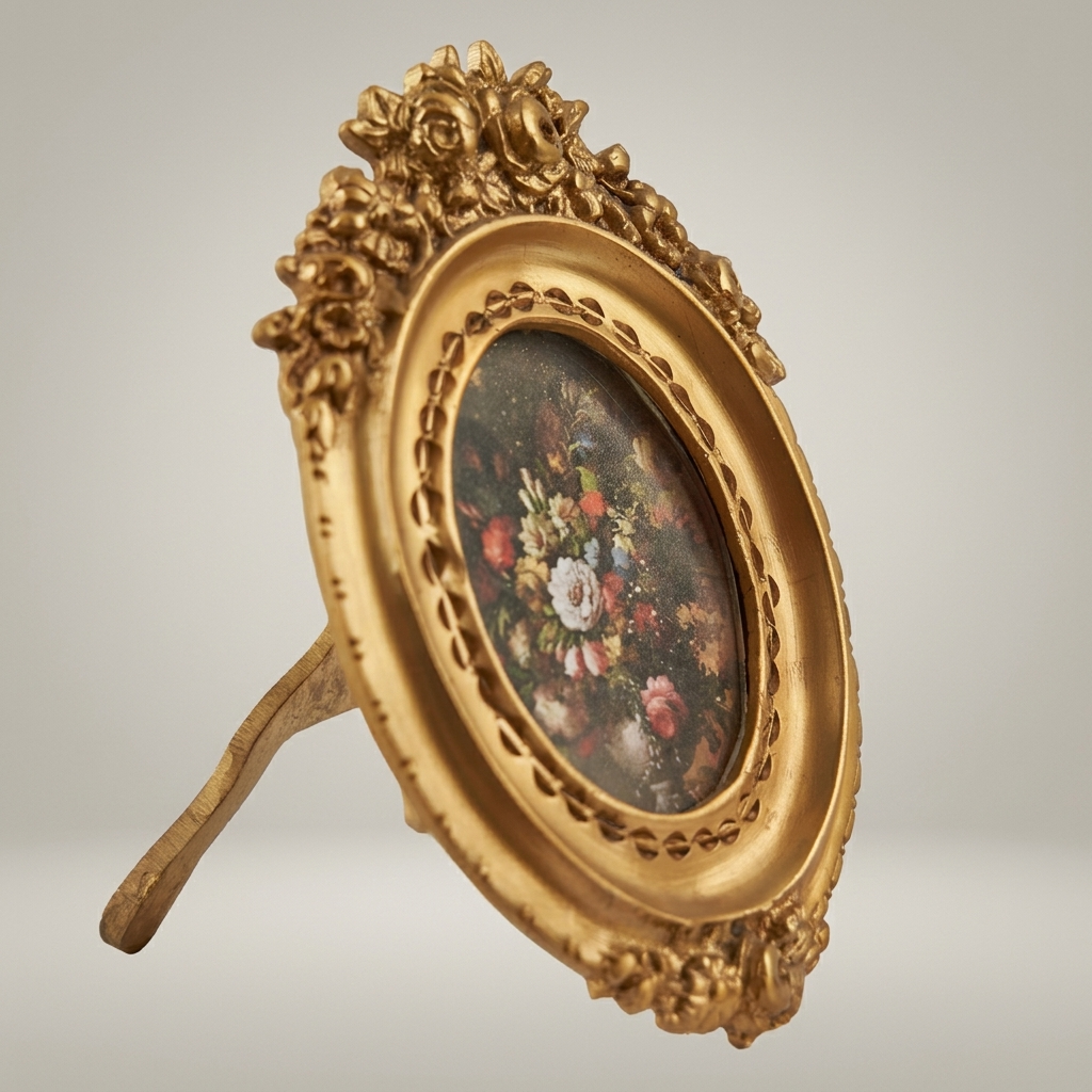 Rococo Oval Brass Photo Frame with Rose & Acanthus Crown Relief — Antique Gold
