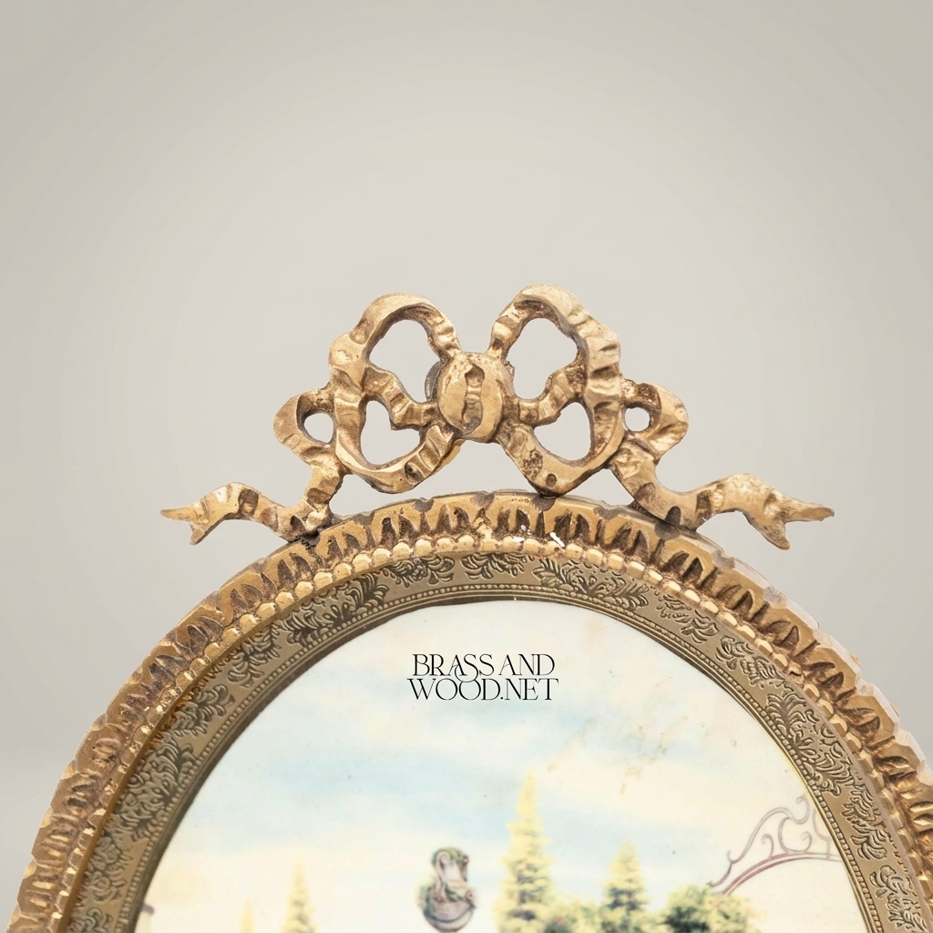 Rococo Oval Brass Picture Frame with Bow Crest & Swag Garland — Antique Gold