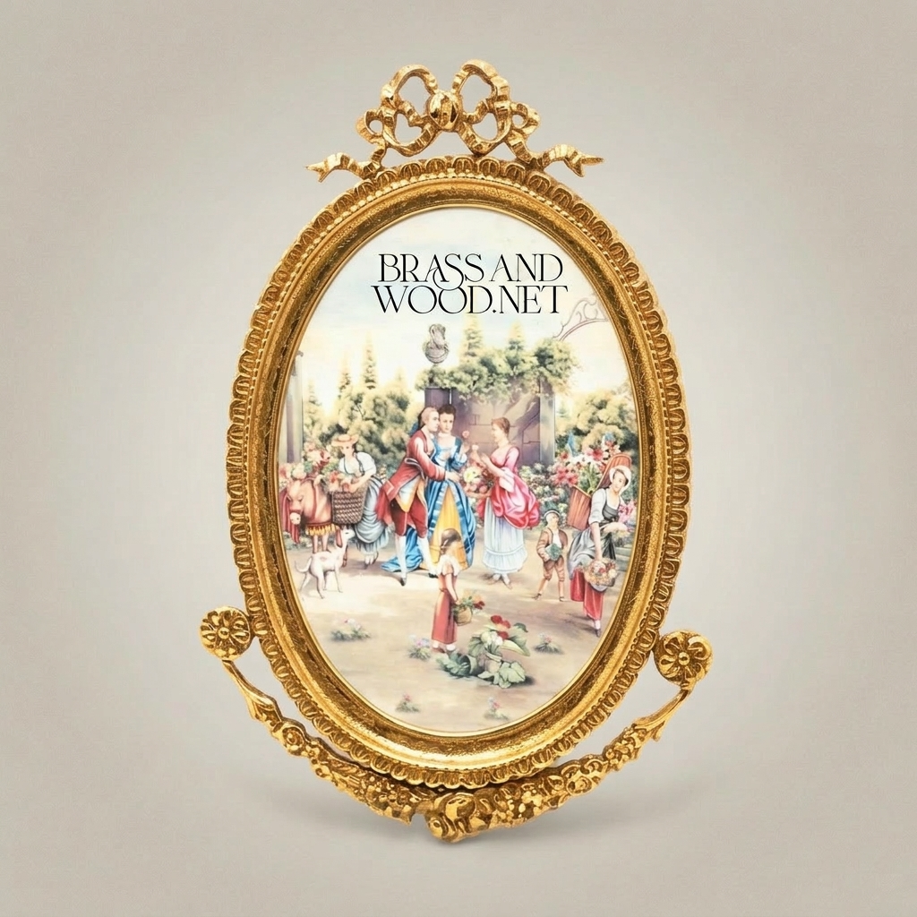 Rococo Oval Brass Picture Frame with Bow Crest & Swag Garland — Gold