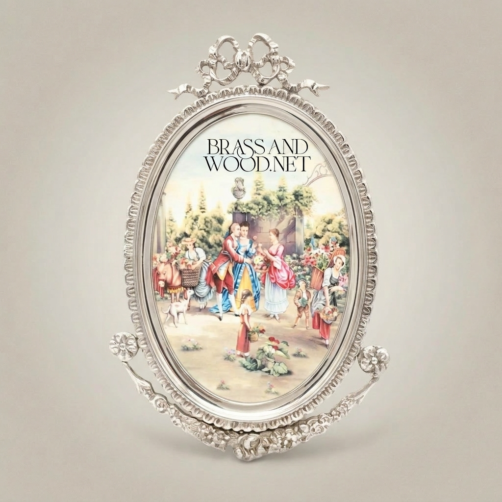 Rococo Oval Brass Picture Frame with Bow Crest & Swag Garland — Silver