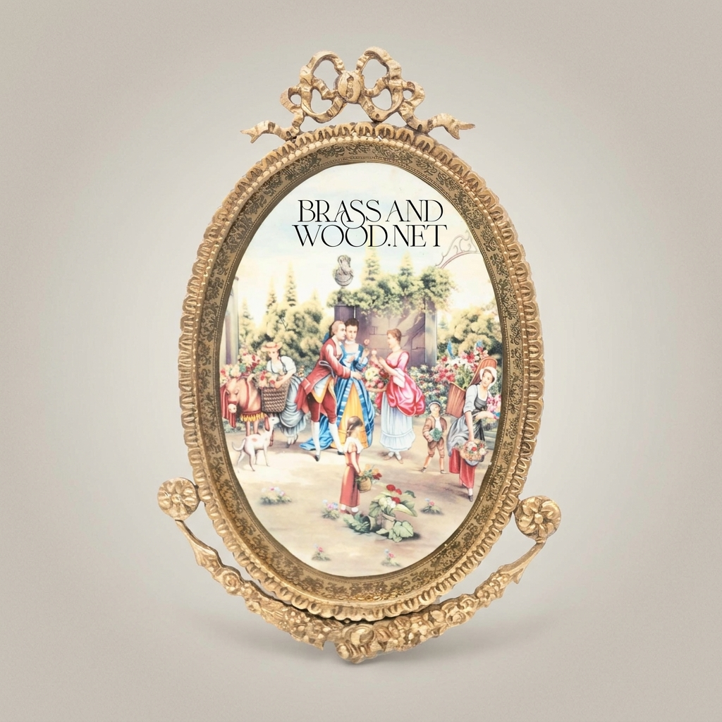 Rococo Oval Brass Picture Frame with Bow Crest & Swag Garland — Antique Gold