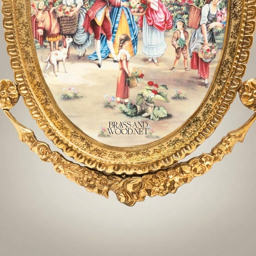 Rococo Oval Brass Picture Frame with Bow Crest & Swag Garland