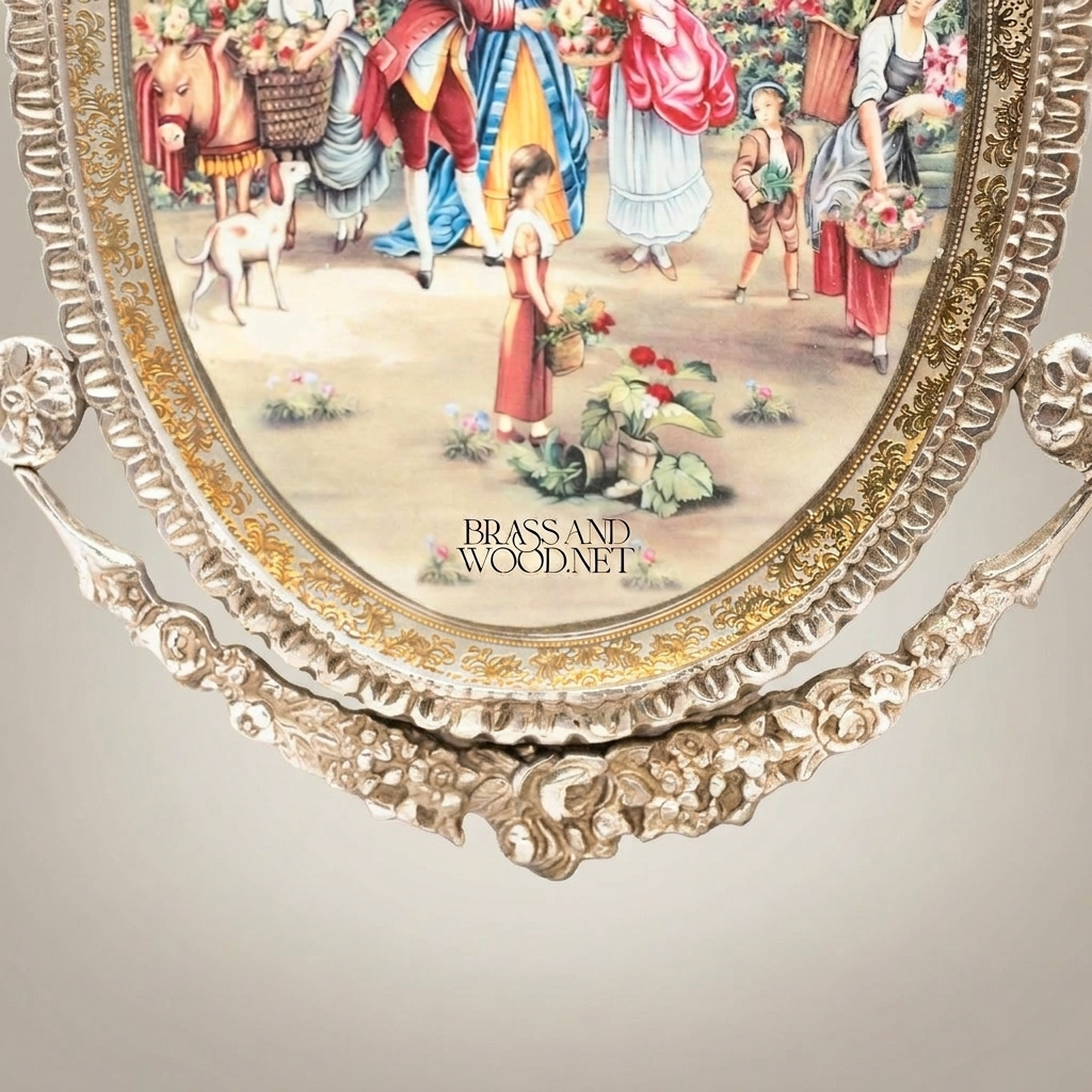Rococo Oval Brass Picture Frame with Bow Crest & Swag Garland — Silver