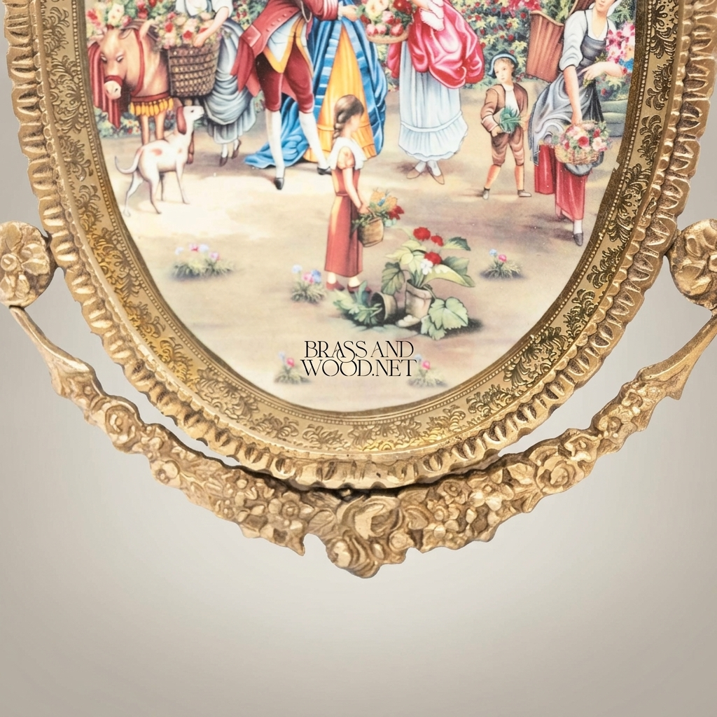 Rococo Oval Brass Picture Frame with Bow Crest & Swag Garland — Antique Gold