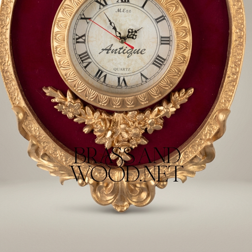 Rococo Oval Cartel Wall Clock with Crimson Velvet Panel & Floral Crest