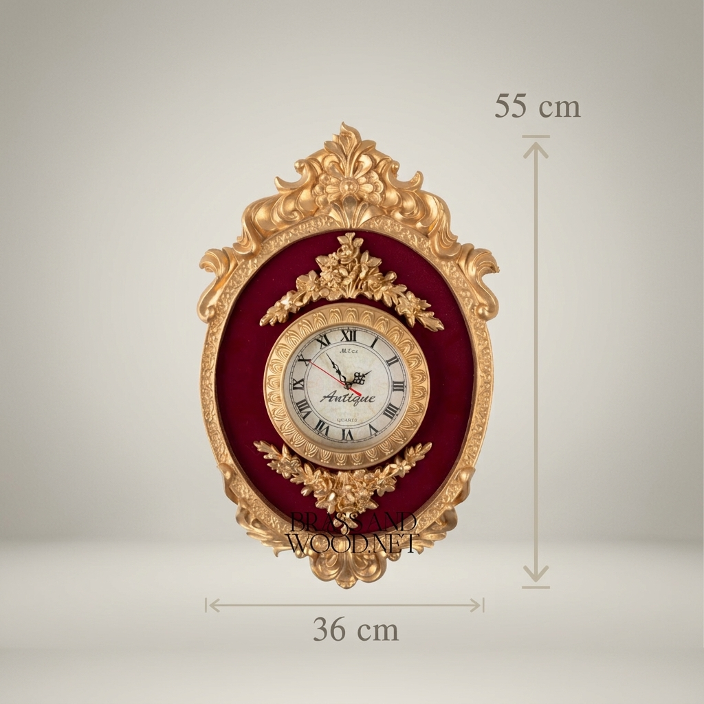 Rococo Oval Cartel Wall Clock with Crimson Velvet Panel & Floral Crest