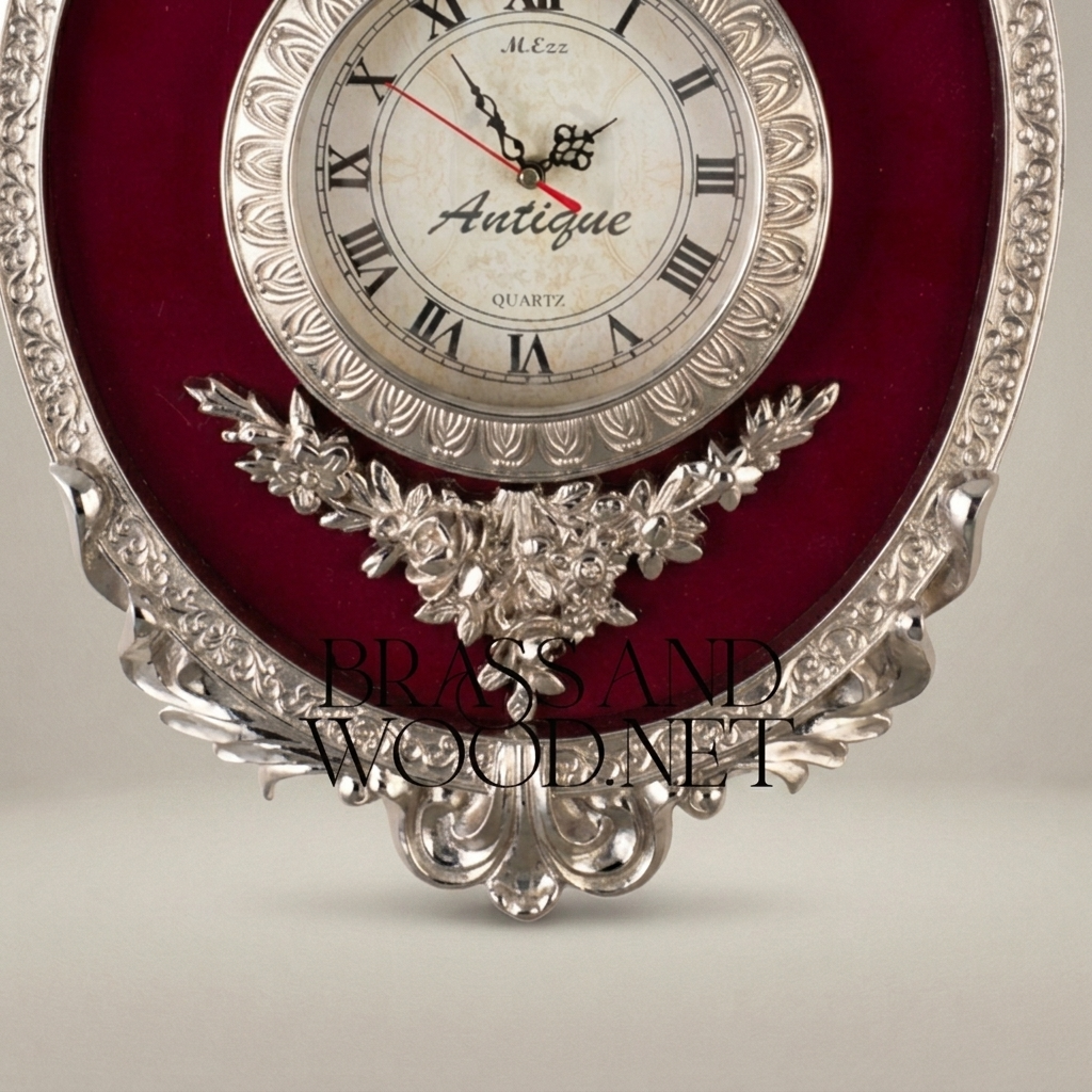 Rococo Oval Cartel Wall Clock with Crimson Velvet Panel & Floral Crest — Silver