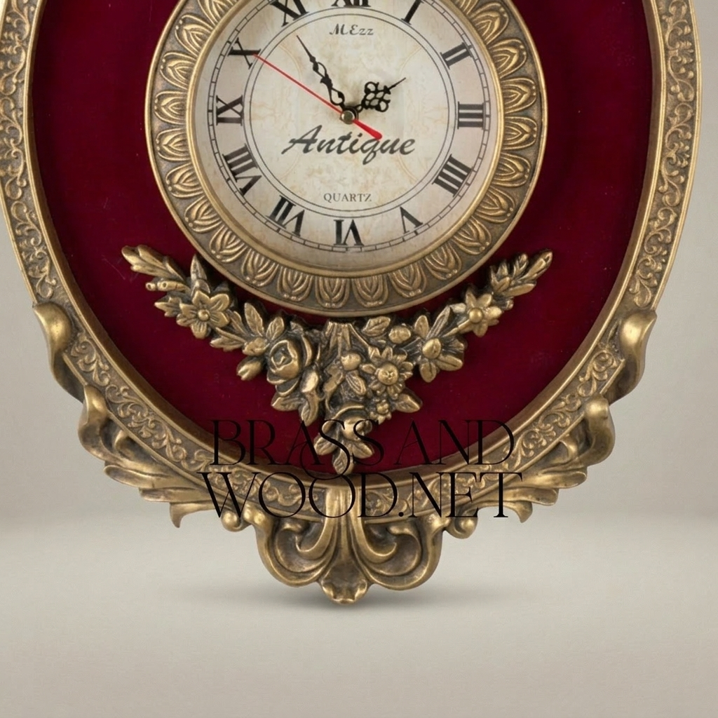 Rococo Oval Cartel Wall Clock with Crimson Velvet Panel & Floral Crest — Antique Gold
