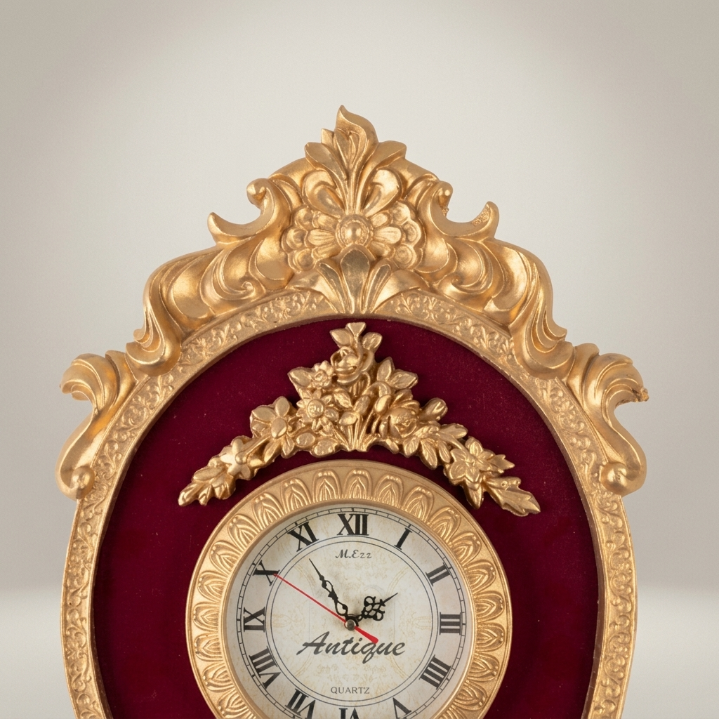 Rococo Oval Cartel Wall Clock with Crimson Velvet Panel & Floral Crest — Gold