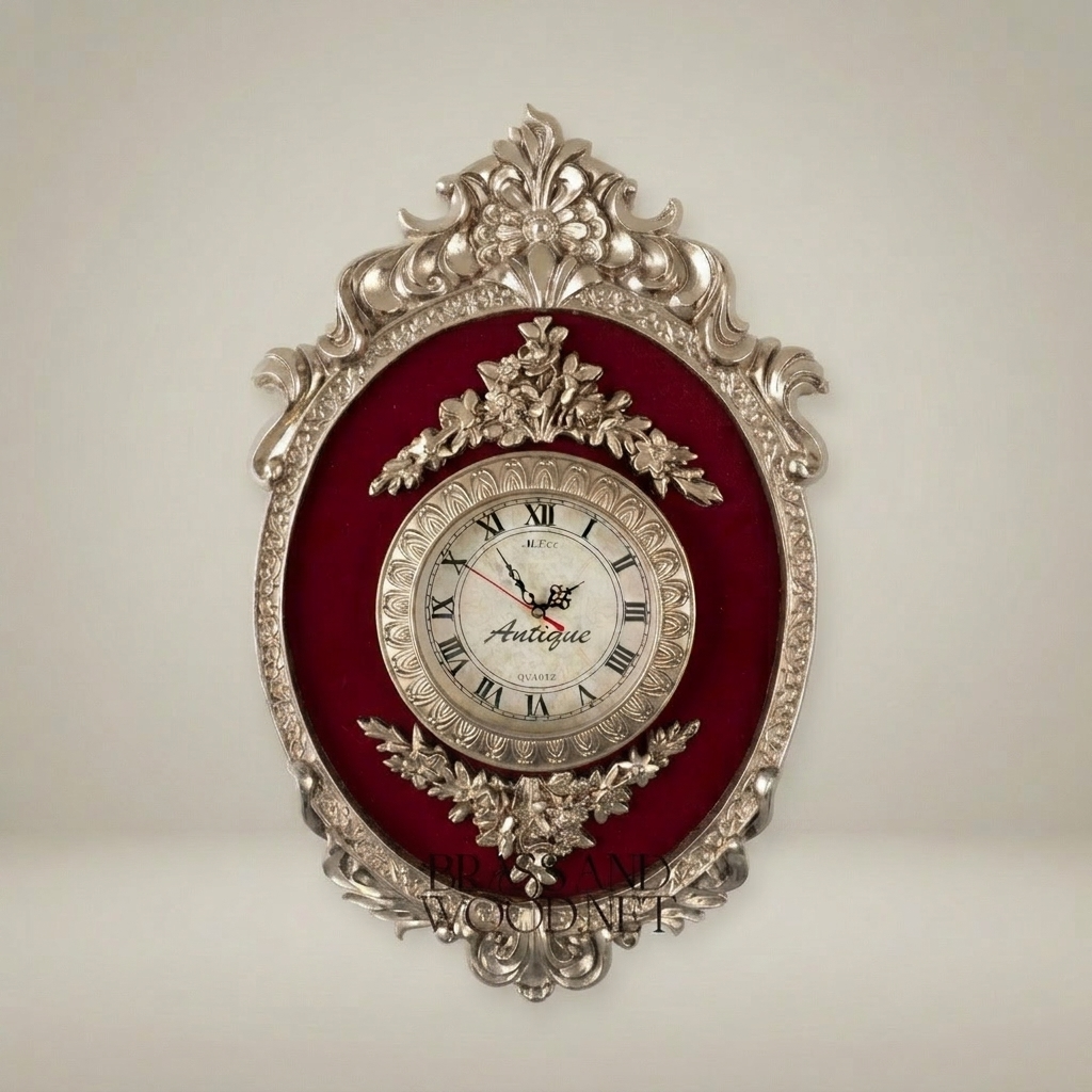 Rococo Oval Cartel Wall Clock with Crimson Velvet Panel & Floral Crest — Silver