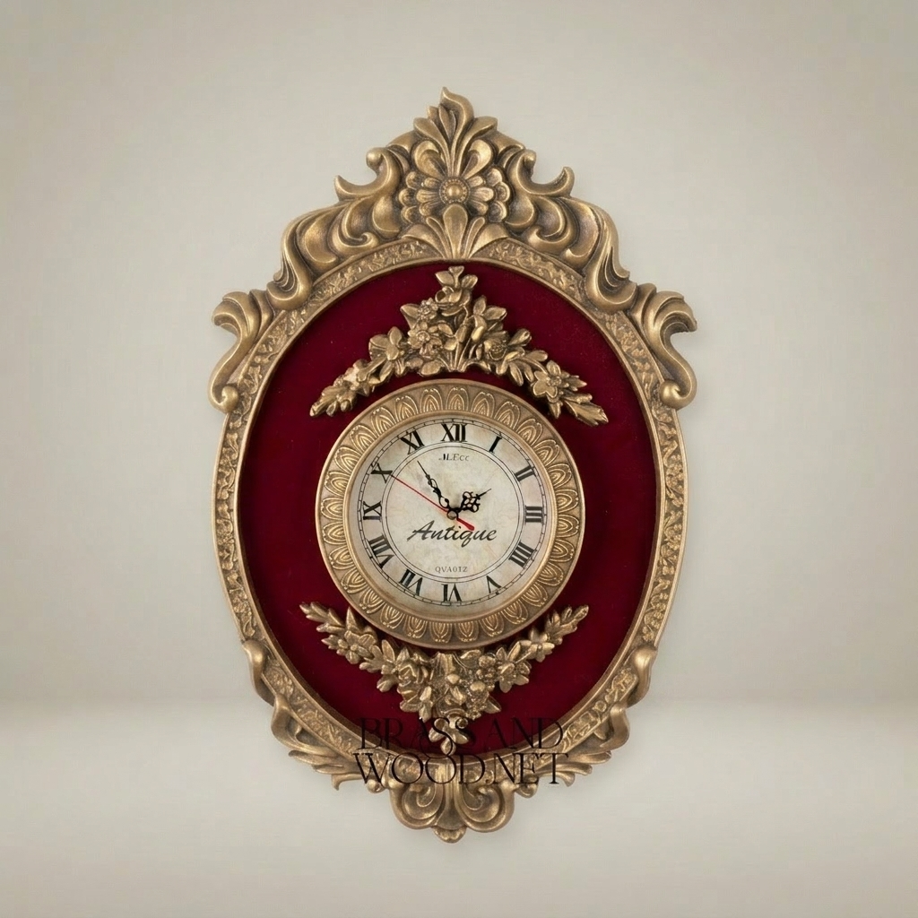 Rococo Oval Cartel Wall Clock with Crimson Velvet Panel & Floral Crest — Antique Gold