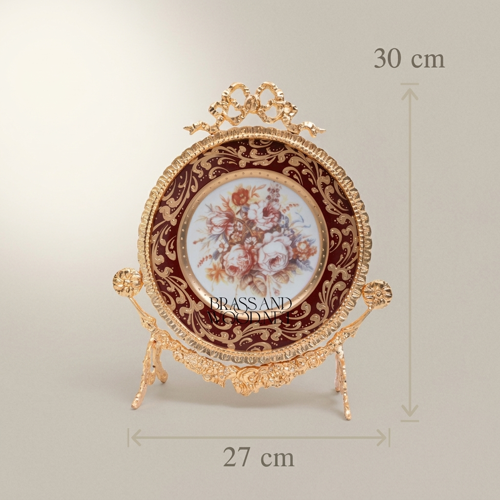 Rococo Oval Decorative Display Plate on Brass Stand - Floral Bouquet Centre — Gold