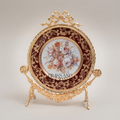 Rococo Oval Decorative Display Plate on Brass Stand - Floral Bouquet Centre — Gold