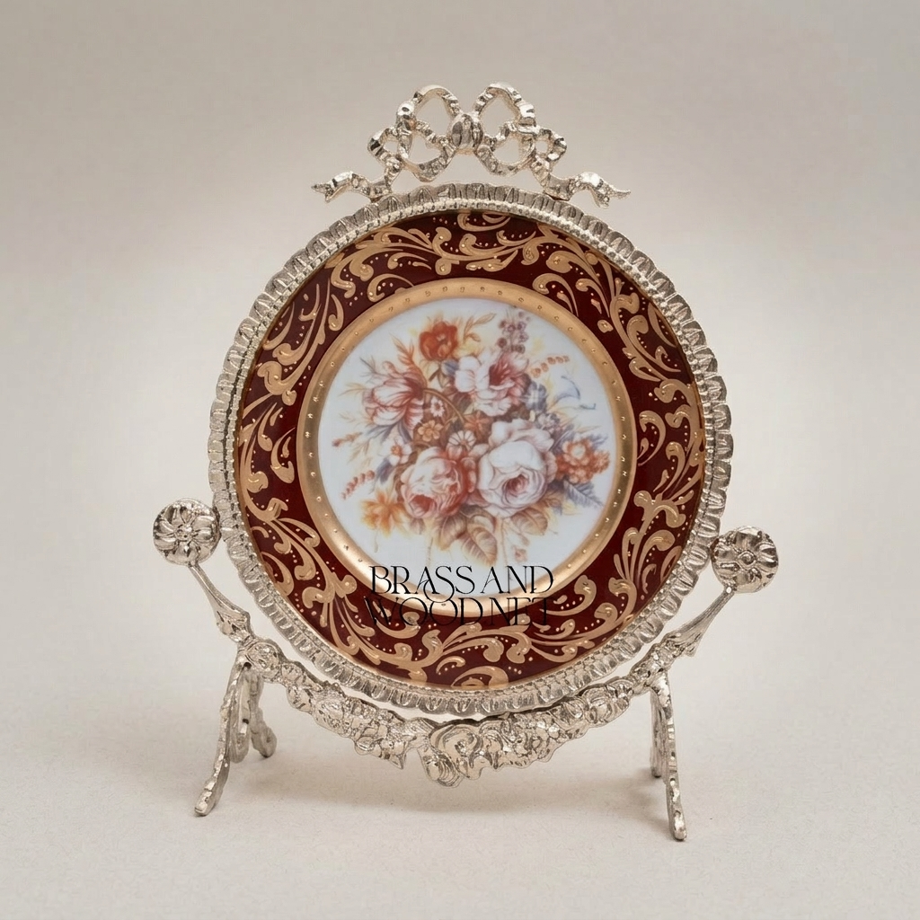 Rococo Oval Decorative Display Plate on Brass Stand - Floral Bouquet Centre — Silver