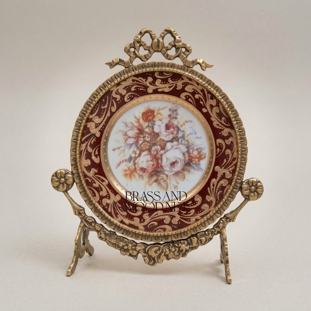 Rococo Oval Decorative Display Plate on Brass Stand - Floral Bouquet Centre — Antique Gold