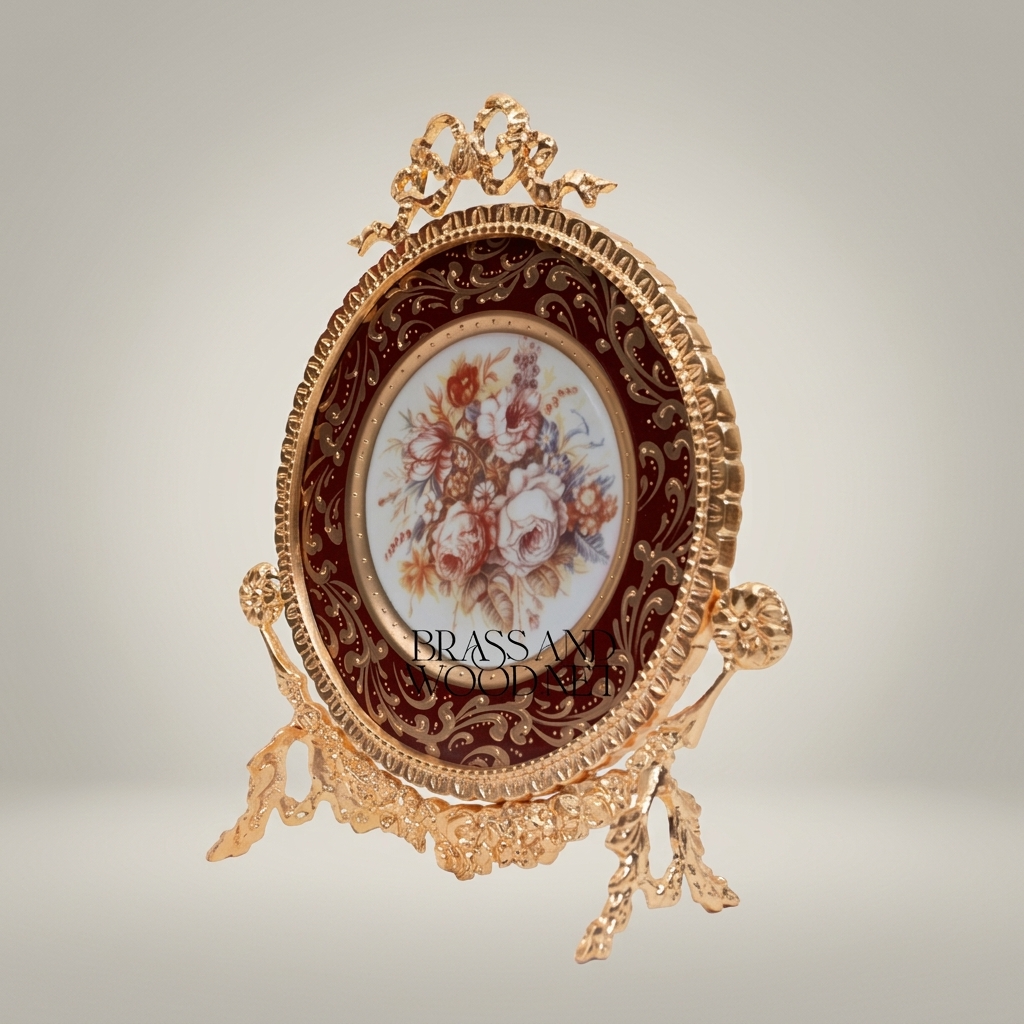 Rococo Oval Decorative Display Plate on Brass Stand - Floral Bouquet Centre — Gold