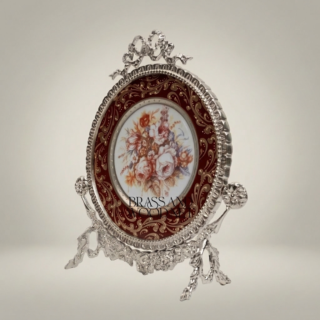 Rococo Oval Decorative Display Plate on Brass Stand - Floral Bouquet Centre — Silver