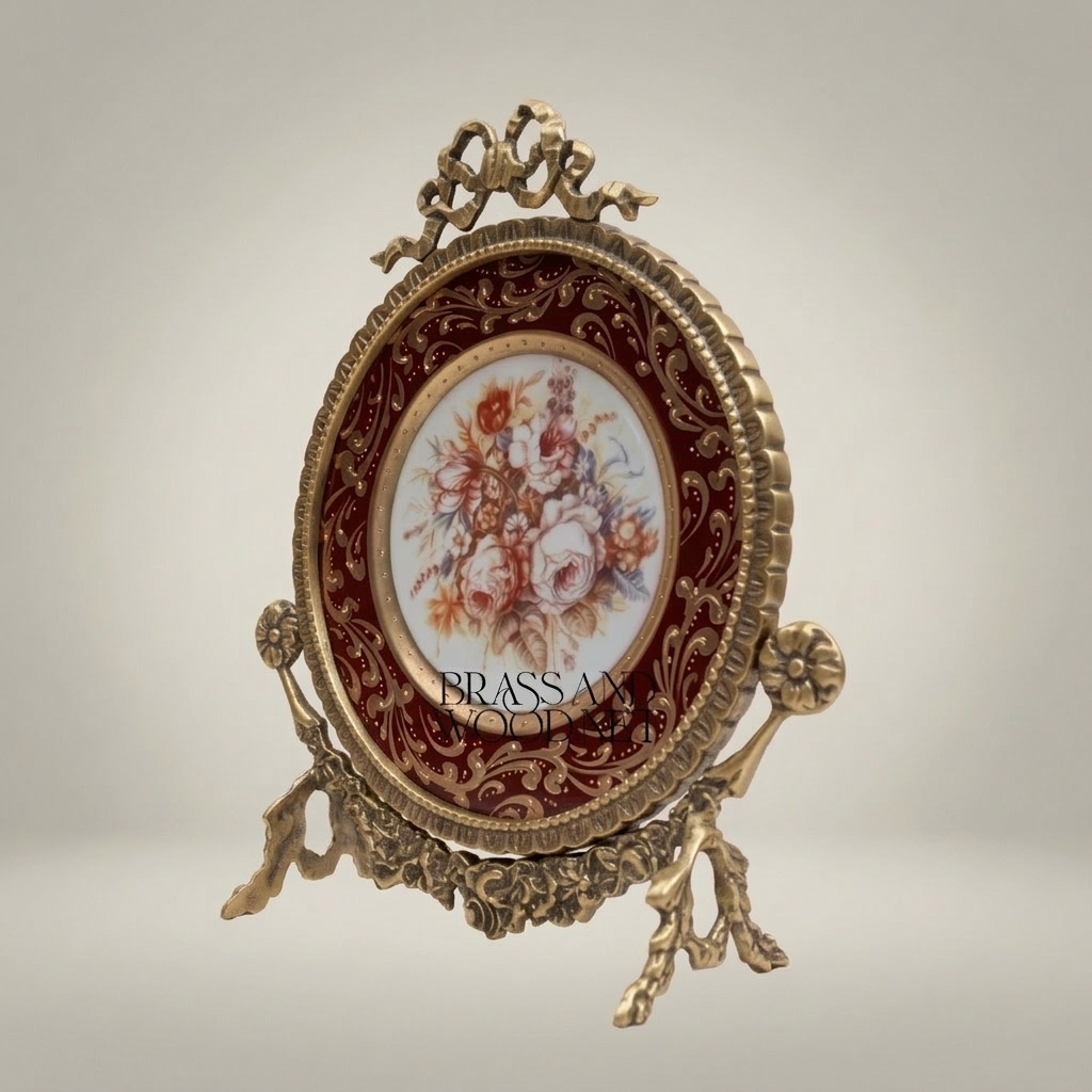 Rococo Oval Decorative Display Plate on Brass Stand - Floral Bouquet Centre — Antique Gold