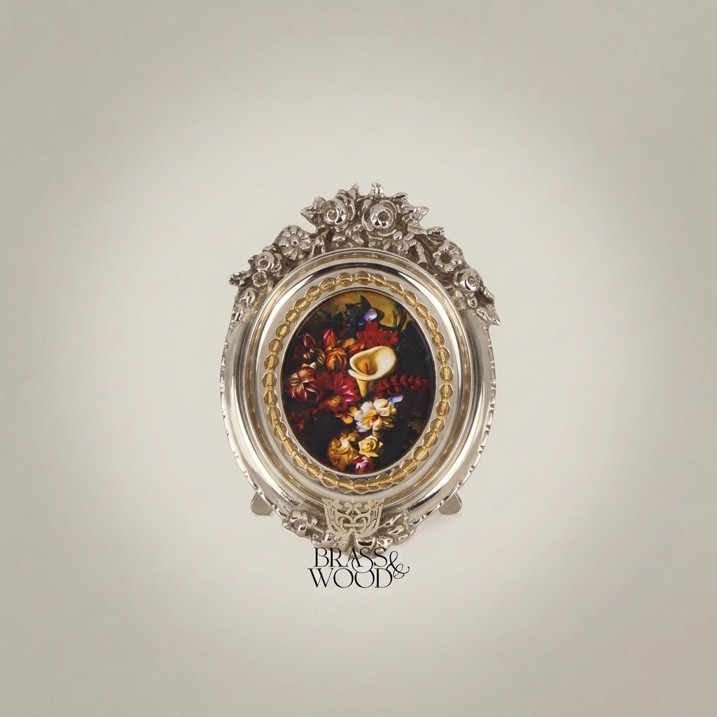 Rococo Oval Decorative Plate with Floral Print & Ornate Brass Easel Frame — Silver