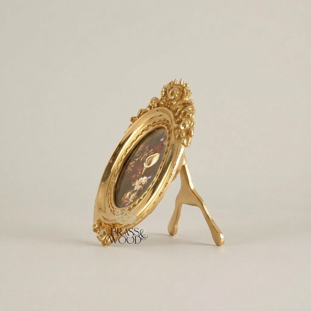 Rococo Oval Decorative Plate with Floral Print & Ornate Brass Easel Frame