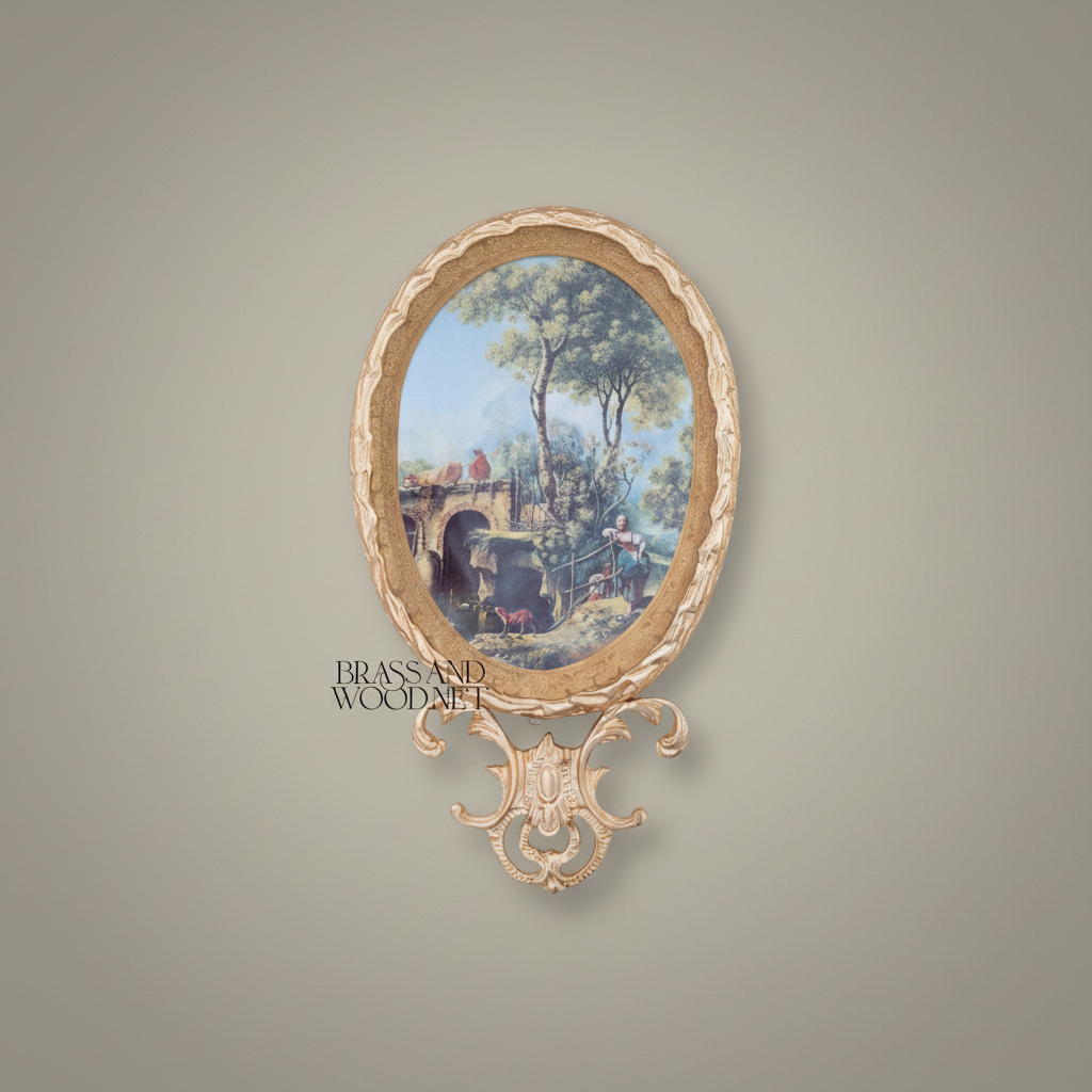 Rococo Oval Pastoral Scene Decorative Wall Plate - Scrollwork Frame — Gold