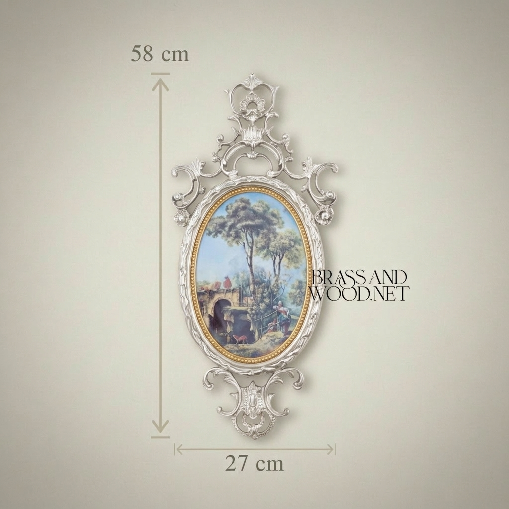 Rococo Oval Pastoral Scene Decorative Wall Plate - Scrollwork Frame — Silver