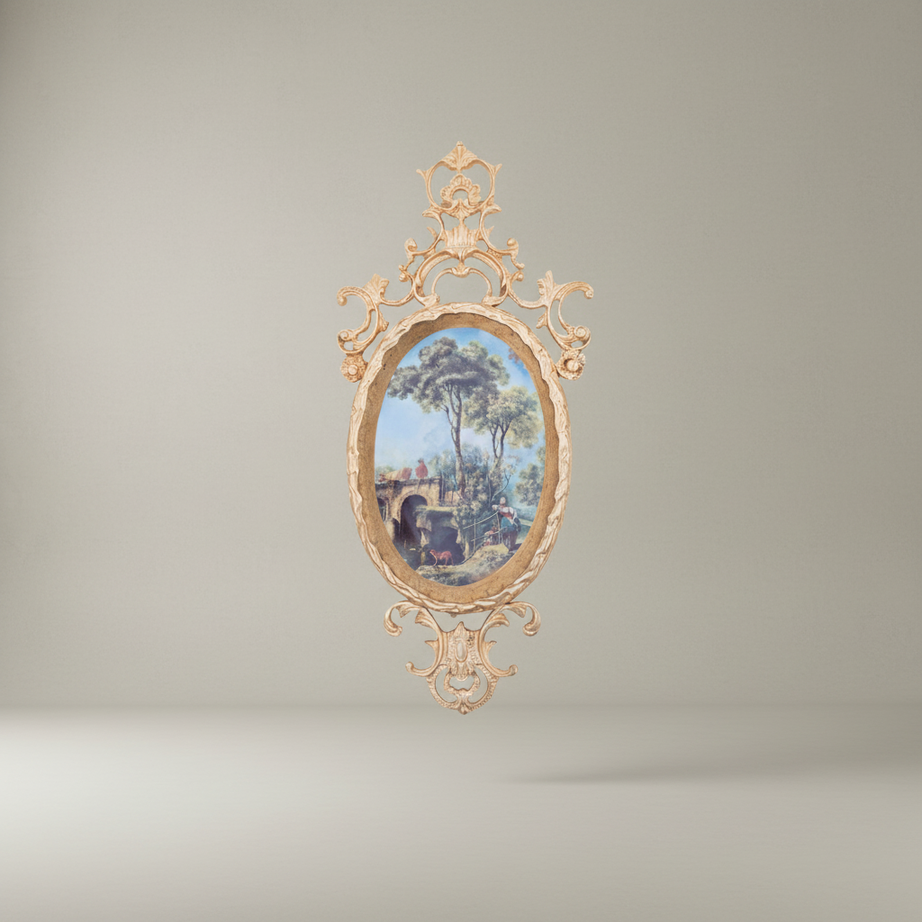 Rococo Oval Pastoral Scene Decorative Wall Plate - Scrollwork Frame — Gold
