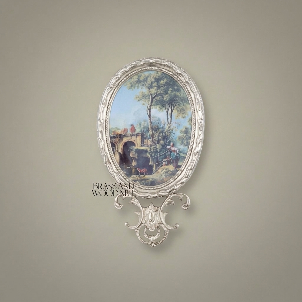 Rococo Oval Pastoral Scene Decorative Wall Plate - Scrollwork Frame — Silver