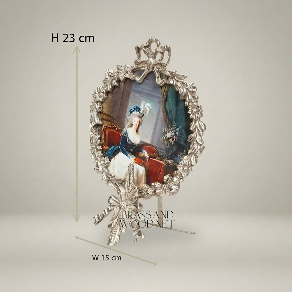 Rococo Oval Portrait Frame with Laurel Wreath & Ribbon Bow Crest — Silver