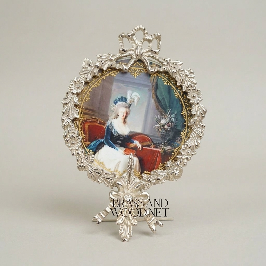 Rococo Oval Portrait Frame with Laurel Wreath & Ribbon Bow Crest — Silver