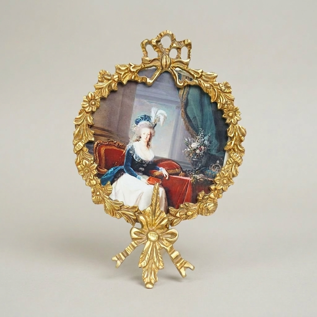 Rococo Oval Portrait Frame with Laurel Wreath & Ribbon Bow Crest — Antique Gold