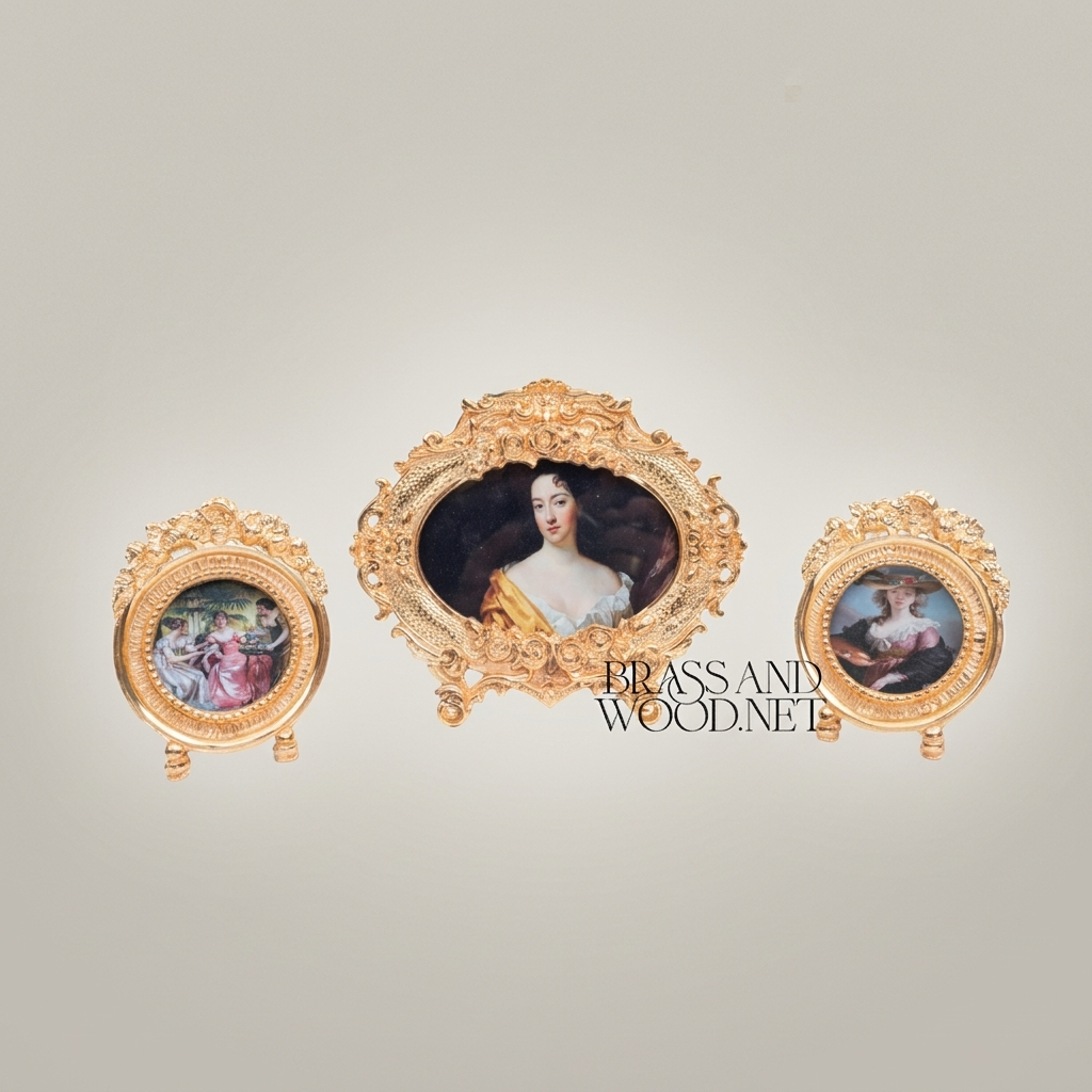 Rococo Oval & Round Miniature Portrait Frames Set of 3 with Easel Stands — Gold