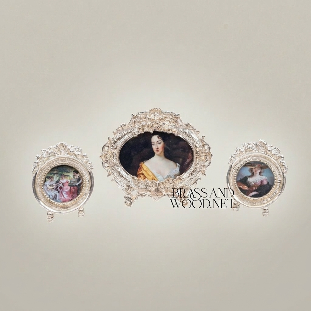 Rococo Oval & Round Miniature Portrait Frames Set of 3 with Easel Stands — Silver