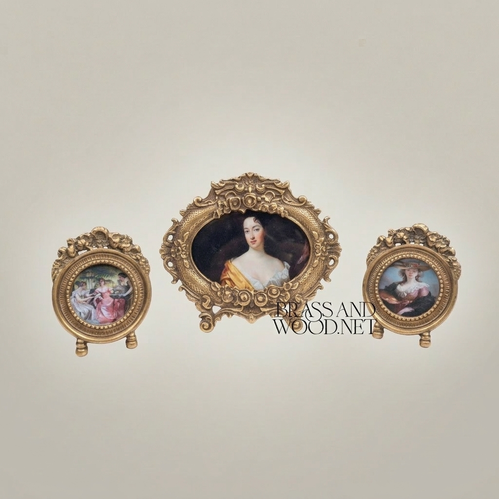 Rococo Oval & Round Miniature Portrait Frames Set of 3 with Easel Stands — Antique Gold