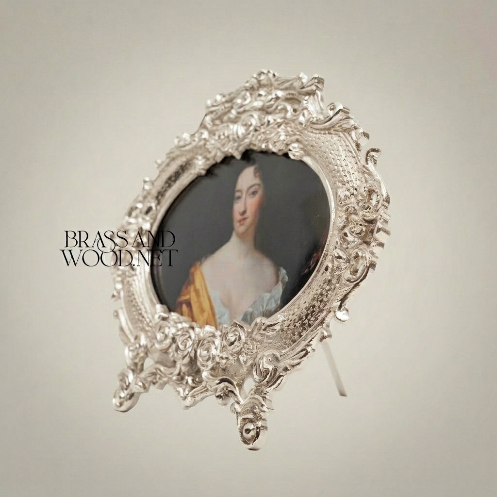 Rococo Oval & Round Miniature Portrait Frames Set of 3 with Easel Stands — Silver