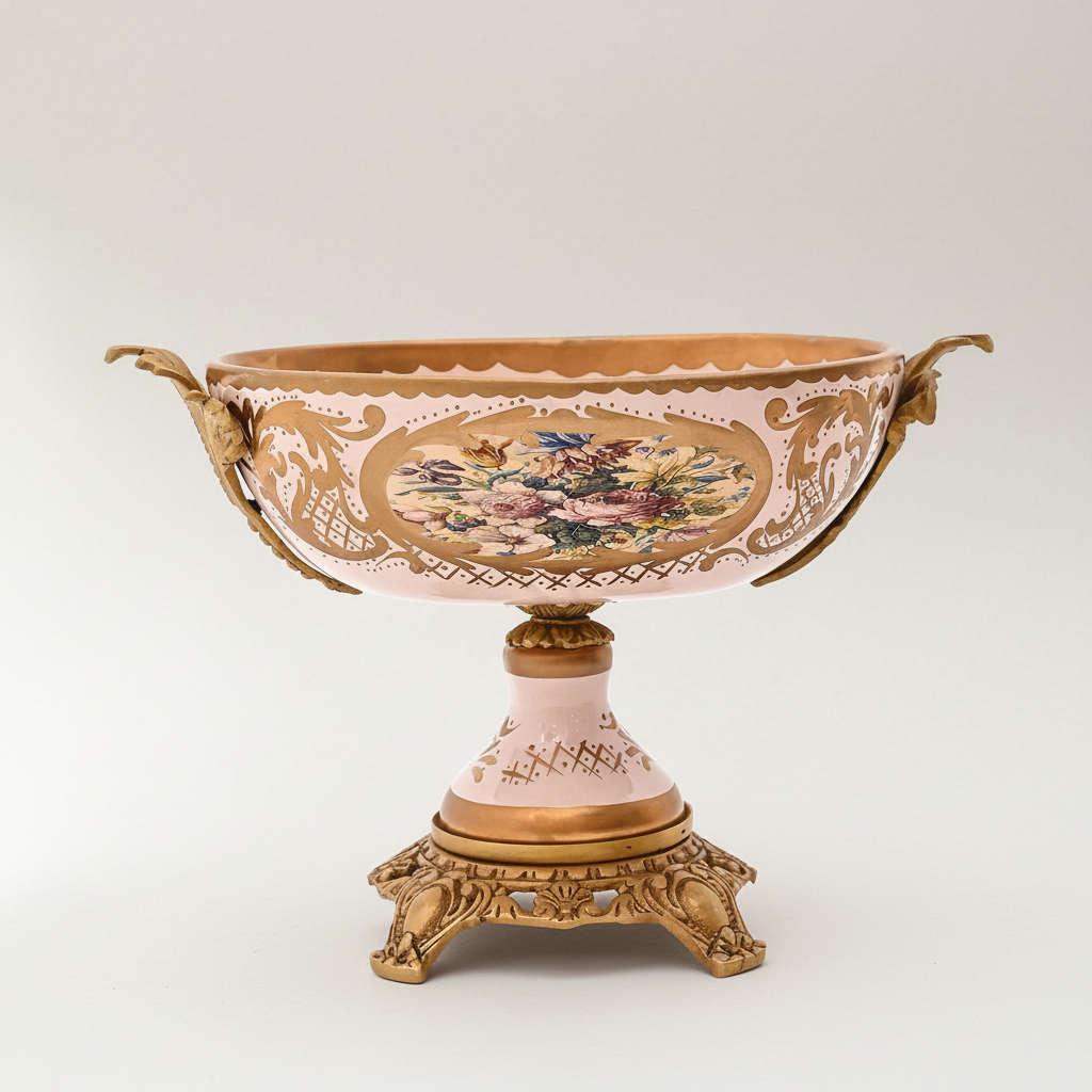 Rococo Pink Porcelain & Brass 3-Piece Garniture Set with Hand-Painted Medallions — Antique Gold