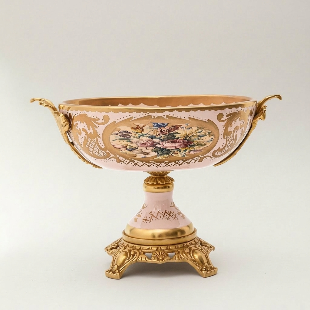 Rococo Pink Porcelain & Brass 3-Piece Garniture Set with Hand-Painted Medallions — Gold