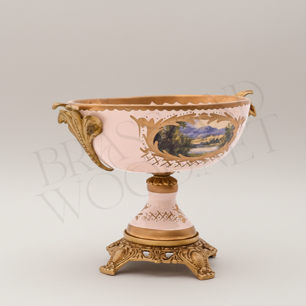 Rococo Pink Porcelain & Brass 3-Piece Garniture Set with Hand-Painted Medallions — Antique Gold