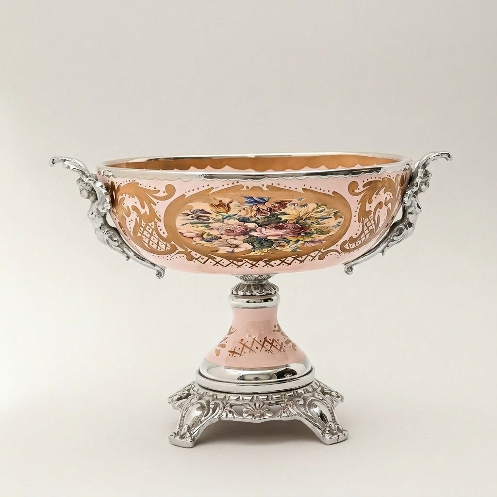 Rococo Pink Porcelain & Brass 3-Piece Garniture Set with Hand-Painted Medallions — Silver
