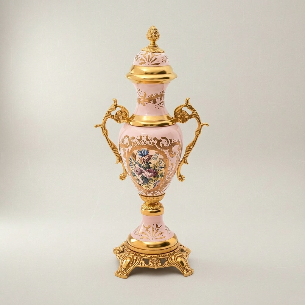 Rococo Pink Porcelain & Brass 3-Piece Garniture Set with Hand-Painted Medallions