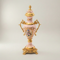 Rococo Pink Porcelain & Brass 3-Piece Garniture Set with Hand-Painted Medallions — Gold