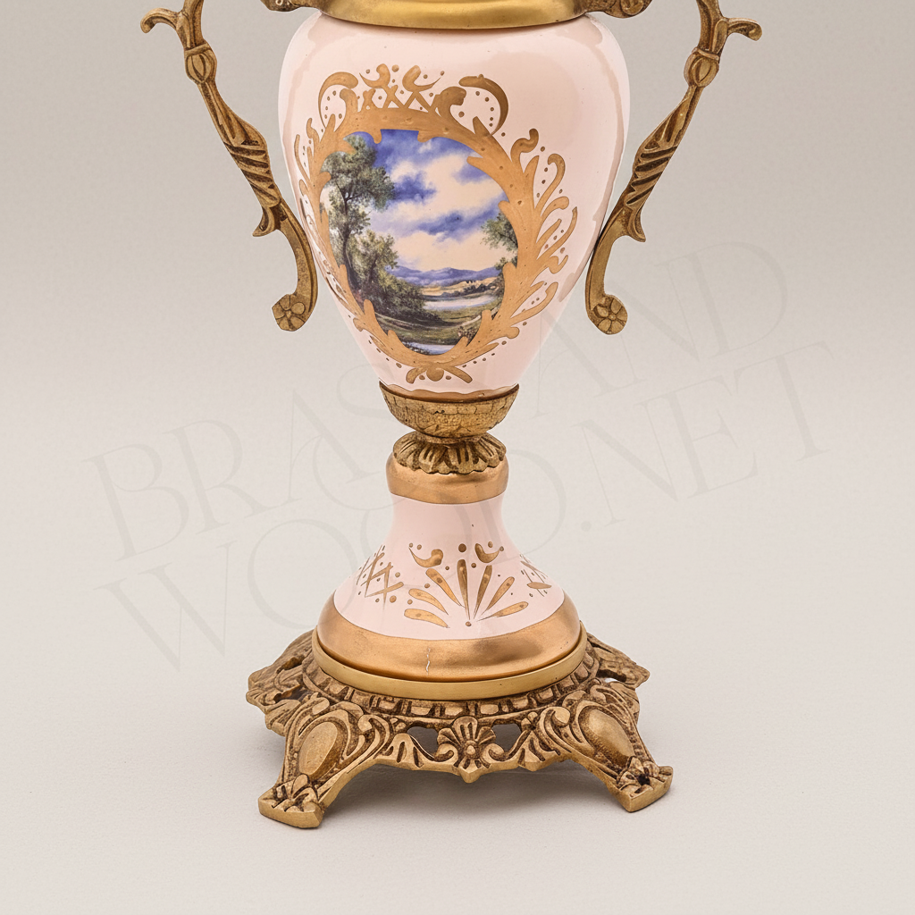 Rococo Pink Porcelain & Brass 3-Piece Garniture Set with Hand-Painted Medallions — Antique Gold